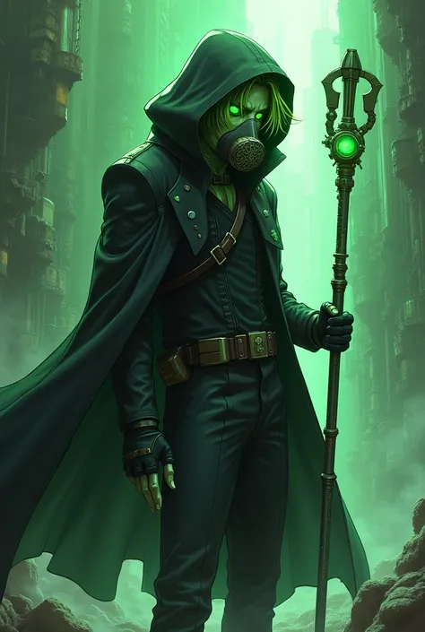 A male alchemist character with green skin and green eyes , With greenish hair.
Wearing a black hooded overcoat
He wears a respirator on his face
Yeah, theres a technological staff.
Jojo Bizarre Adventures cartoon style
