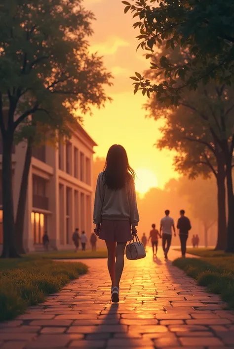 An evening scene on the university campus. Riya [a beautiful, mature girl, with a graceful stride and a quiet smile] walks through the campus grounds as the sun sets, casting a golden glow over the buildings. Her thoughts seem far away, reflecting on the j...