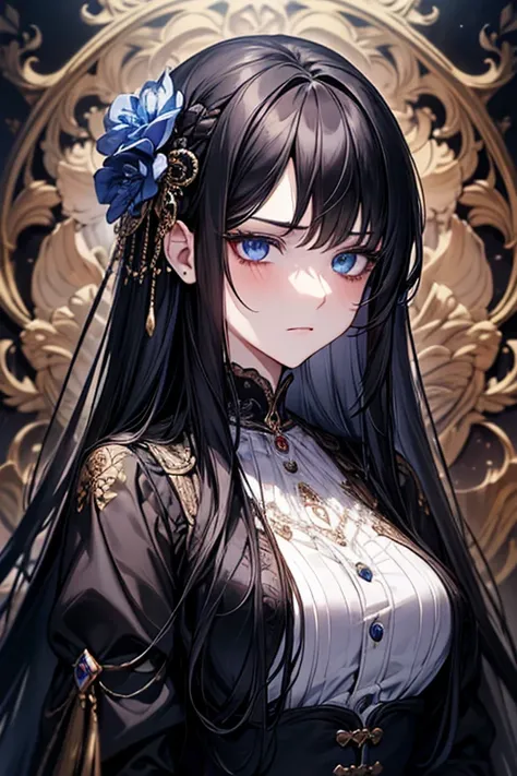 {masterpiece},{ best quality},{ 1 woman}, cute, wonderful,  beautiful detailed eyes,  dark eyes,  long hair,  black hair, detailed , depth of field, extremely detailed CG,original,  very detailed wallpaper, upper body,  is watching viewers、Stern expression...