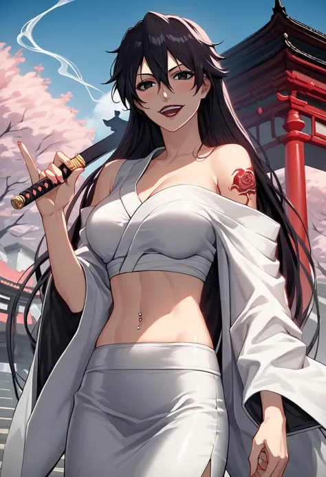 bambietta_basterbine, black hair, long hair, hair between eyes,  long hair, blush, lipstick, Hot girl, baddie, large breasts, smoking, sensual, attractive, masterpiece, best quality, highly detailed, a anime girl in kimono dress ,holding sword, bare
should...