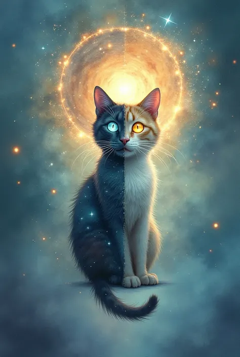 A cat half alive and half dead with a galaxy in a very soft watercolor background 