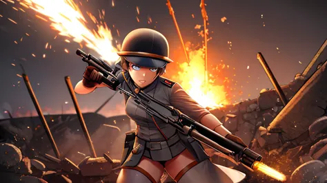 ms fortune in ww1 pyromaniac uniform holding a flamethrower gun raiding the trenches