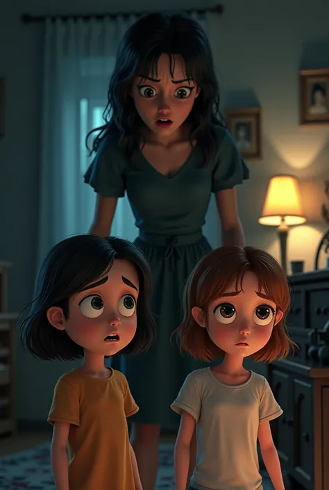 Draw a picture of two girls aged 8 to 7 and their stepmother is scaring them and all three characters should be in the picture.and make the picture in animated in a domestic way of 16.9 ratio 