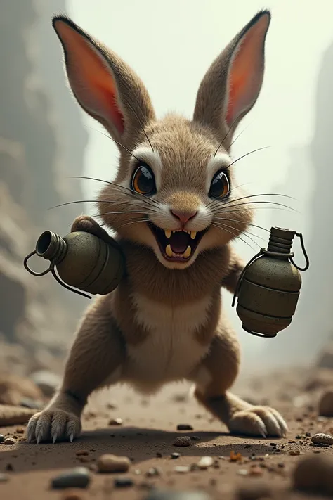 1 ferocious rabbit holding a grenade