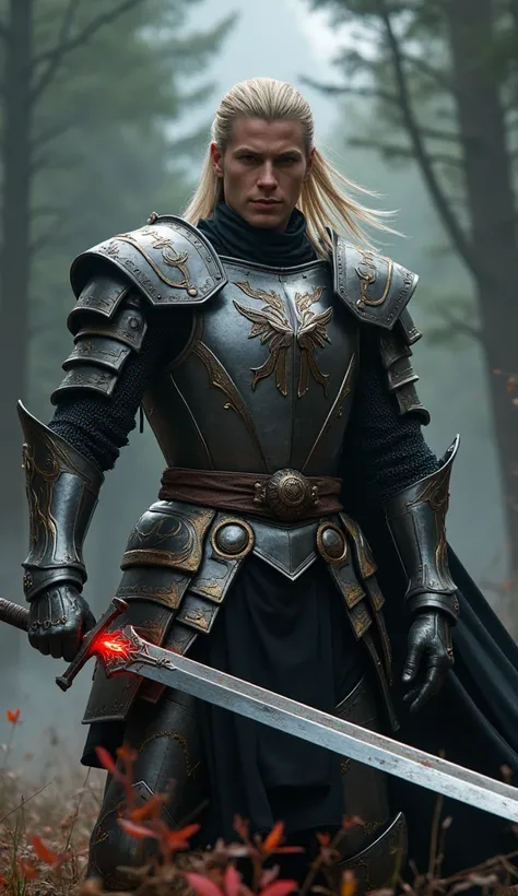 Design a realistic live-action portrayal of Siegfried Schtauffen, the conflicted knight from Soul Calibur. He should be tall, with long, platinum blonde hair, a well-defined jawline, and a brooding, noble expression. His armor should look battle-worn, craf...