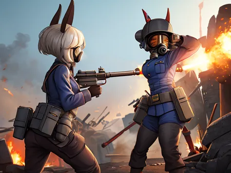 ms fortune in ww1 pyromaniac uniform wearing a gas mask holding a flamethrower gun raiding the trenches