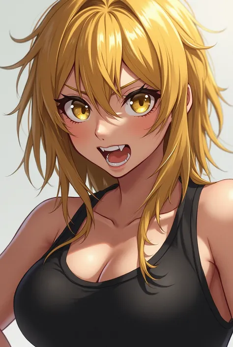 Well-bodied anime woman,  Yellow Eyes ,  sharp teeth ,  slightly messy blonde hair that reaches her shoulders