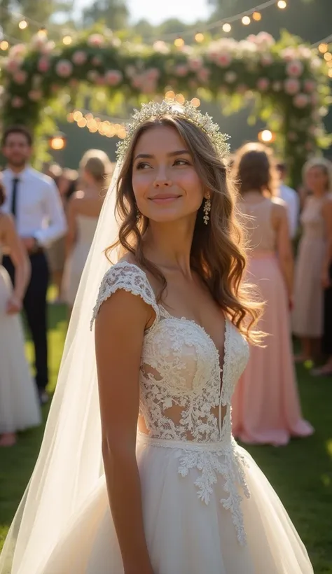 A girl in a wedding dress attends a friends wedding