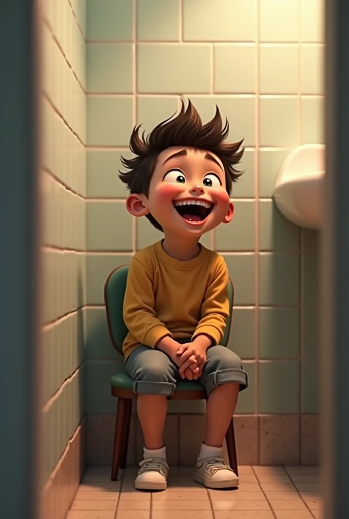 A BOY  laughing at the corner sit in chair background washroom