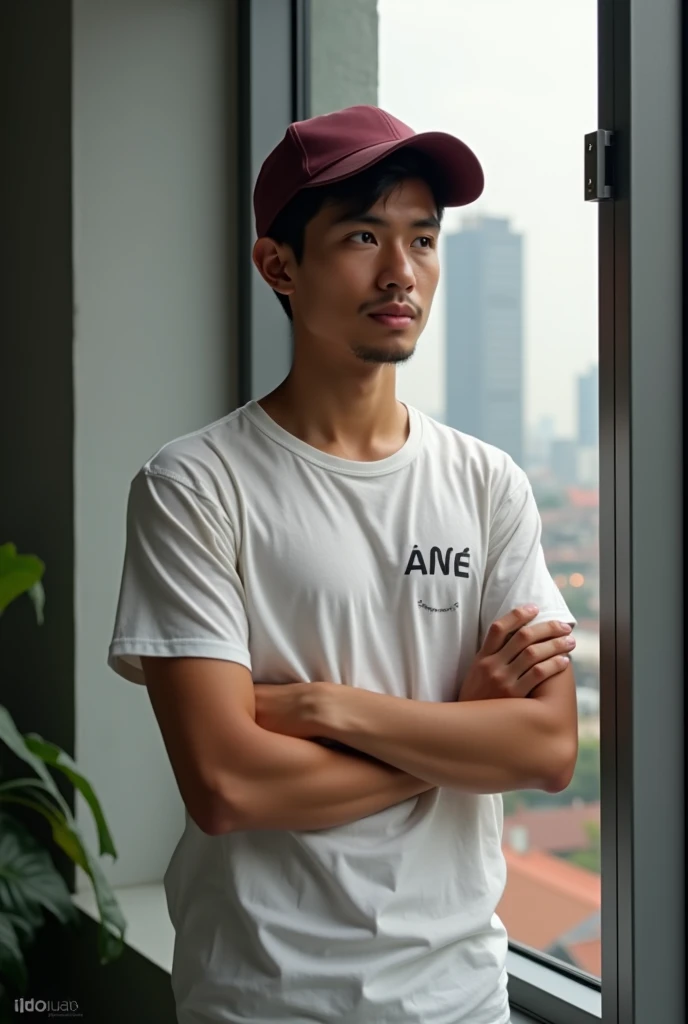 Male from Indonesia, 20 years old. Wearing a white t-shirt with a motif that says "AE" (Originally EDIT) Wearing a Maroon baseball cap. Both hands folded across the chest. He posed facing the camera in front of the window. Indoor background. With the posit...