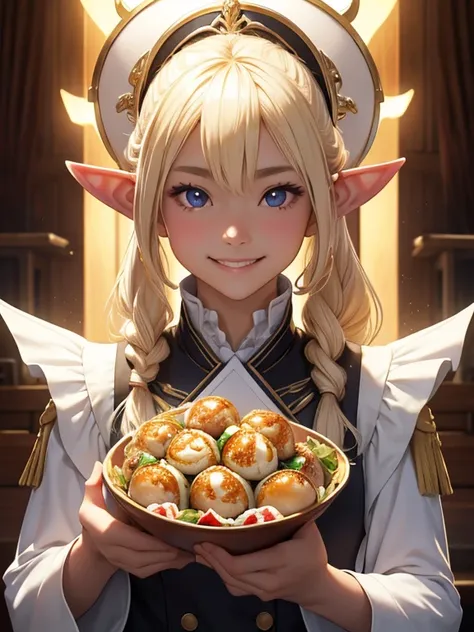 masterpiece,  best quality, High resolution CG unity 8K wallpaper can be lifted,(( upper body portrait)), (とてもcute１６Age Girl  ), (Takoyaki,  eats), (  long pointed ears  ),  elegant long wave platinum blonde hair , (( average chest size , Self-illuminating...