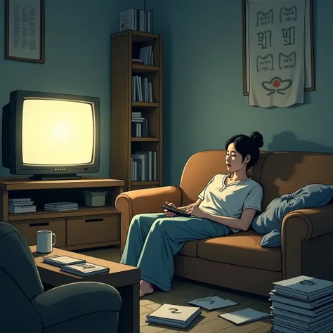 Korean housewife lying helplessly on the sofa and watching TV with a pile of work to do