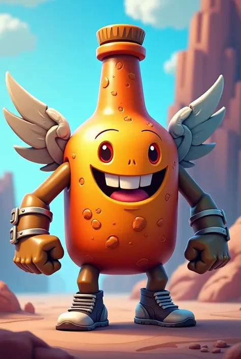  a character from Brawl Stars who is a bottle with metal wings attached to the back and with bright eyes and a smiling mouth, muscular arms and legs .

