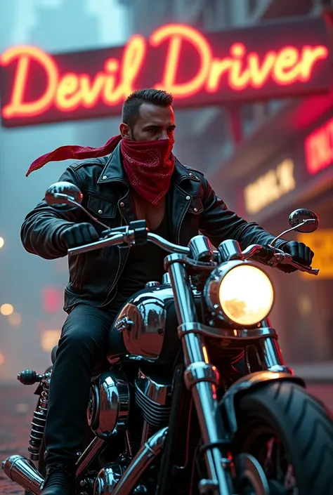 biker wearing a red bandana on a motorcycle in chrome on the background of a sign "DEVIL DRIVER"  Cyberpunk