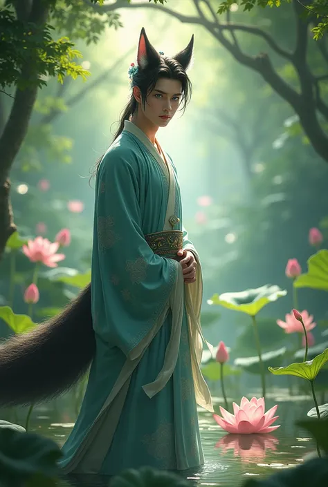 Handsome guy ,  wearing hanfu clothes , had a fox tail , Fox Ears, blue eyes,  standing near a lotus pond, in the forest.