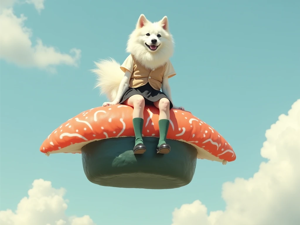 (( best quality)), ((masterpiece)), ((photograph)),  Real female Samoyed wears an off-white collared short-sleeved shirt, a light brown vest with a closed front, a knee-length black skirt, dark green socks, and black shoes、Female Samoyed flying in the sky ...