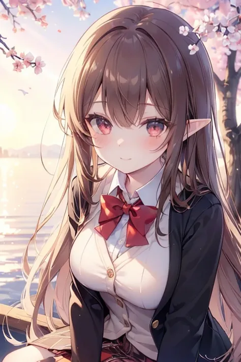 ((masterpiece, best quality, high resolution, UHD, pixel perfect, depth of field, 4k, RTX, HDR)), 1girl,elf,single, solo, 1, beautiful anime girl, beautiful art style, anime character, ((very long hair, brown hair,)), (red eyes:1.4, round eyes, beautiful e...