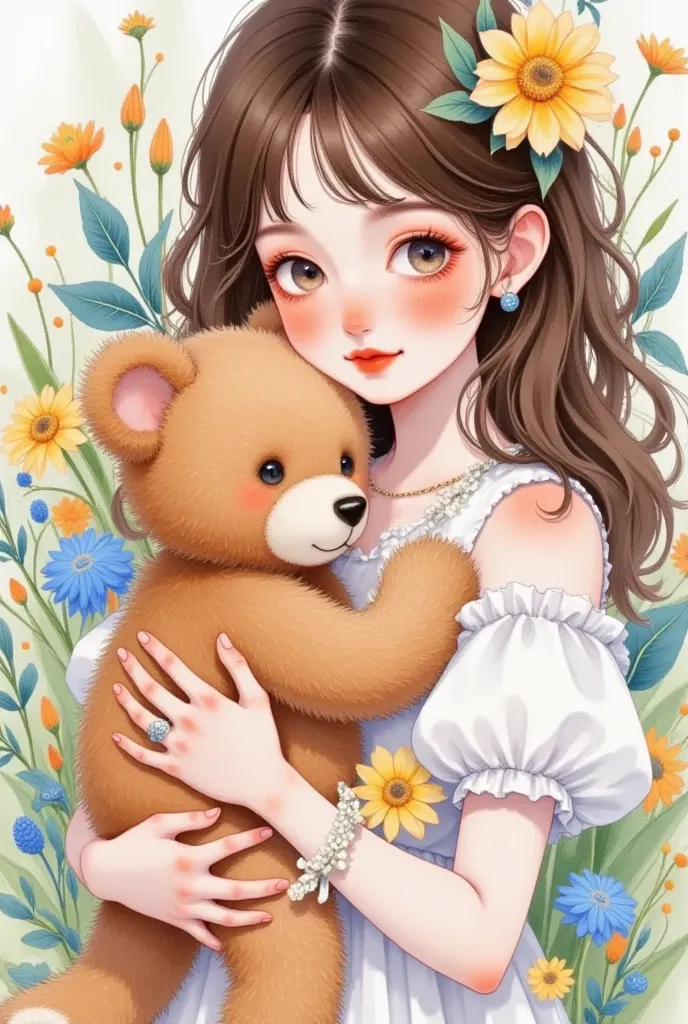 anime girl holding a teddy bear, lovely realistic portrait ,  soft anime illustration , artstrationtrend , cute kawaii girl, lov...