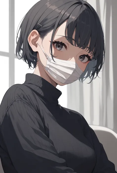 Girl with dull blue short hair wearing a black sweater with a white face mask, looking at viewer, neutral, innexpressive, depressed,