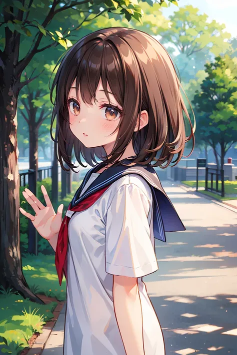 (masterpiece, best quality),1girl, solo,   outdoors , parted lips, black hair, white shirt, serafuku,     brown hair,  depth of field ,  full body, waving of your chest, (from side), profile portrait, (looking down)