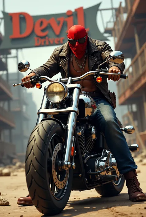 biker wearing a red bandana on a motorcycle in chrome on the background of a sign "DEVIL DRIVER" steampunk