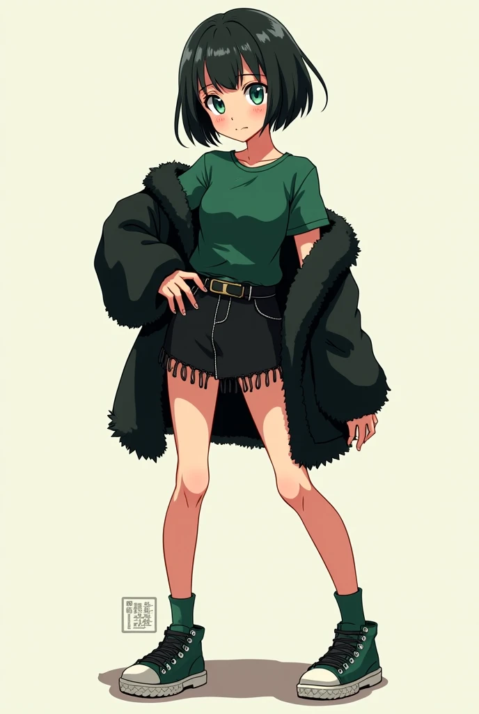 girl about 25, slender build, short black hair, pixie cut, green eyes, two pupils in the right eye, she is wearing a dark green short T-shirt, a black fringed skirt, a small black fur coat, dark green sneakers, in anime style 