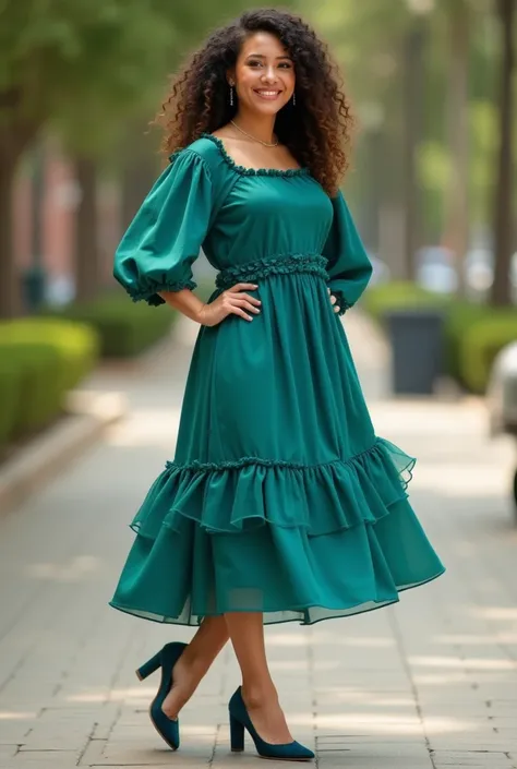 Create HD high quality resolutions pictures B-ROLL 4k 8k of true American Latino smiling with glowing skin, Midi size wearing in  Teal: A ruffled high-low dress with a balloon sleeve detail on one side full picture with matching shoes