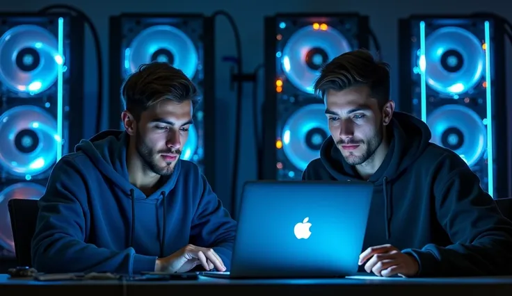 Men wearing hoodies and developing cryptocurrency using laptop and advance mining machines, blue neon effect