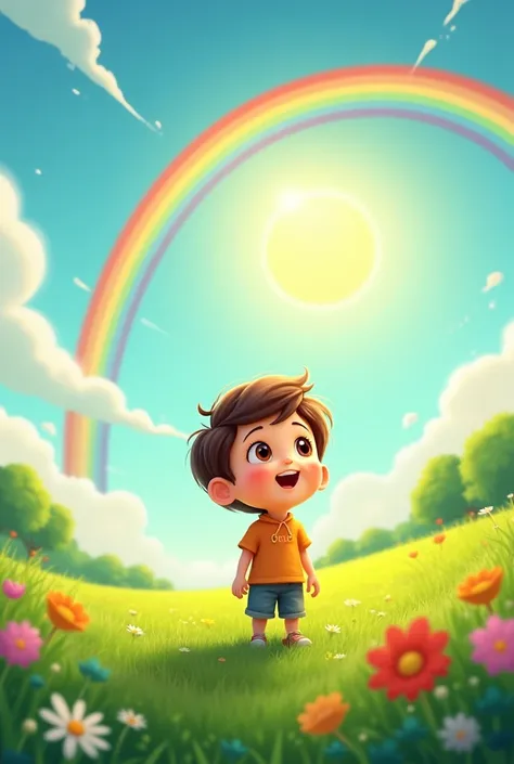 Cartoon, sun and rainbow and green field, rens, ren’s day