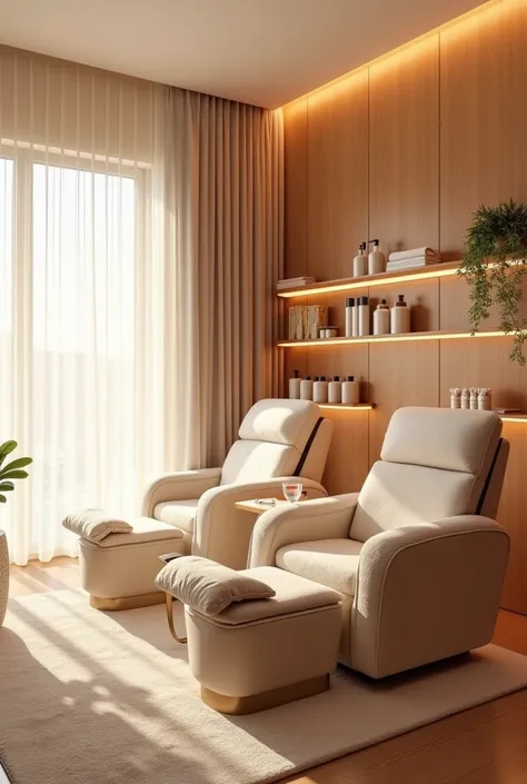 A female spa room with pedicure and manicure space, curtains, hair and hair product shelf 