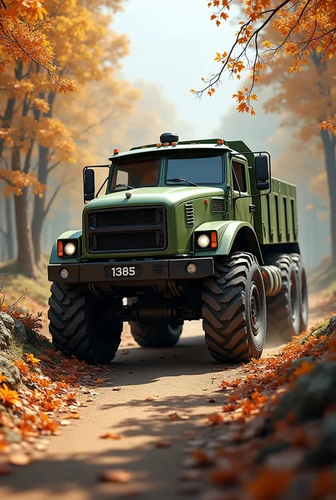 A green military-style off-road truck with large tires driving on a dirt path surrounded by fallen leaves and branches