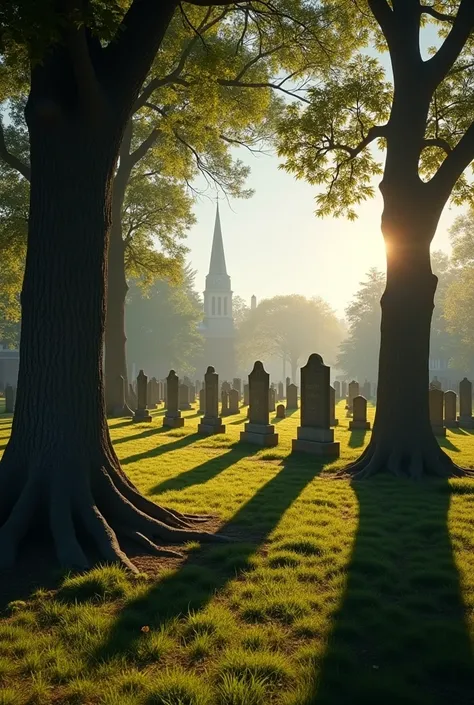 
Prompt: "A serene and peaceful cemetery in the United States, with rows of weathered gravestones surrounded by tall, mature trees. The scene is set during the late afternoon, with soft golden sunlight filtering through the leaves, casting long shadows on ...