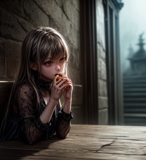   Sitting by a river with stones on the seashore 、 A young girl eating a doughnut with sprinkles ,   GOTHIC HEAVY MAKEUP  ,  1 person,  BASKET WITH DONUTS  ,  An owl next to a girl， , GOTHIC SCENERY , ( best quality,4K,8k, high definition ,masterpiece:1.2)...