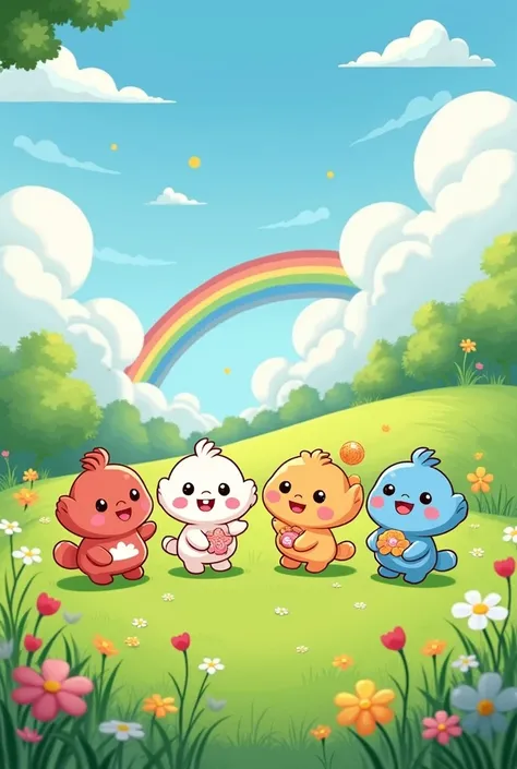 Cartoon, sun and rainbow and green field, 4 rens, ren’s day 
