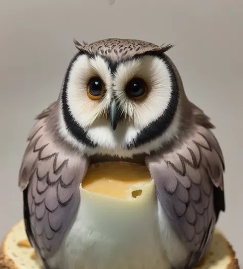 Artistic and highly detailed ,  portrait of an adorable fluffy owl inside cheese,  with a satisfied smile ,  Asai Miki Macro Photo , close-up,  super detailed,  trending at artstation ,  sharp concentration, Studio Photo,  intricate detail dealing with 3 t...