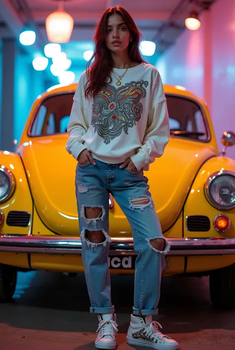 A woman with loose hair standing in front of a yellow classic car posted a photo with her face staring at the camera wearing a very intricately designed white long-sleeved t-shirt wearing ripped variety jeans wearing intricately designed sneakers with a vi...