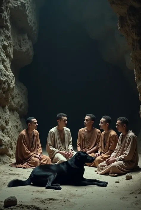 Seven young men ashabul kahfy , Jewish-faced , wear ancient Jewish robes without a head covering,  sleeping lying on rock , There is a big black dog sitting there,  background of a stone cave at night, dim light, cinematic panoramic image .