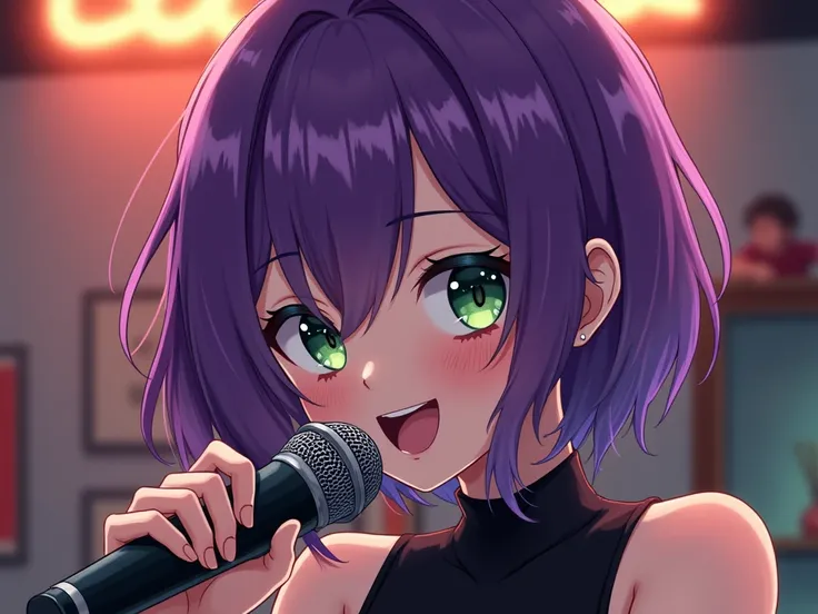 Androgynous person、Purple hair color、 loose medium hair 、Green Eyes、smile,  My fangs are sharp,  fearless smile simple background, whole body、 high definition , solo, masterpiece,  High Quality ,  high definition model with hammer,  at a karaoke shop with ...