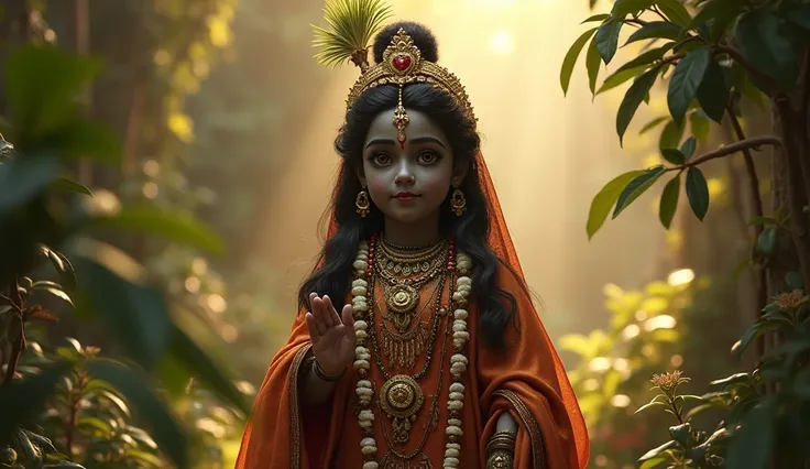 (photorealism:1.2), beautiful realistic image of lord krishna , soft lighting, plants in background,  realistic, intricate details, warm colors, 