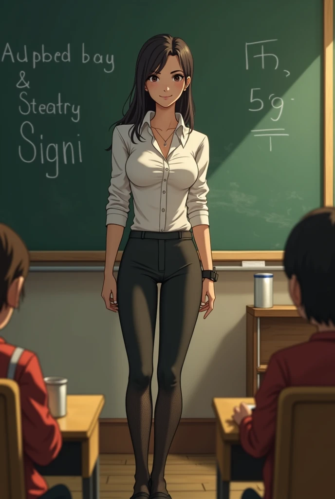 ((The Loud House Style)), Standing before the blackboard, the new teacher at school commands attention. Her attire, buttoned office formal tight-fitting button shirt paired with skintight pants and black belt, is accented by the subtle allure of (laced sto...