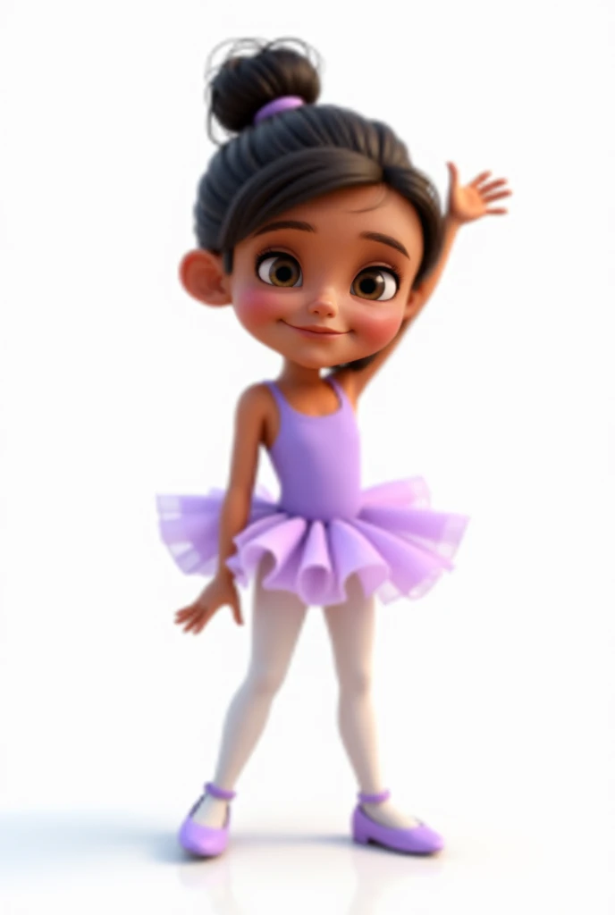 A  girl with a latina complexion, sweet smile, and dark brown hair tied up in a neat ballet bun, brown eyes, wearing a light purple ballet tutu, white tights, and matching ballet shoes. All white background. 3D rendered, Animated, Cartoon.