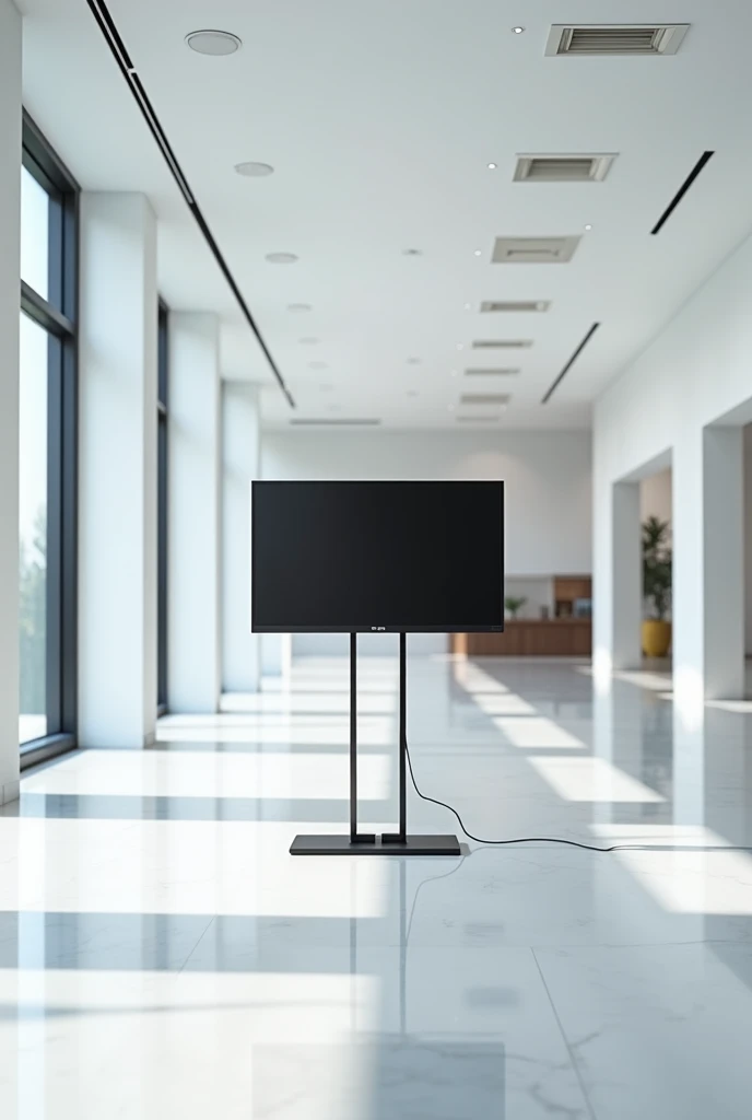 A 40-inch LED TV mounted on a sleek, modern stand.  The stand might be a simple black or metallic frame. The exhibition hall has a clean, 