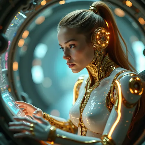 A hyperrealistic, cinematic portrait of a radiant, female cyborg, a masterpiece of biomechanical engineering. Her sleek white and gold exoskeleton shimmers under the soft glow of the spaceships engine. Her suit reveals intricate nanotechnology circuitry, p...