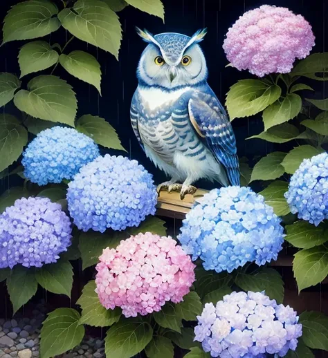 Japanese painting style,  a fusion of oil and watercolor, masterpiece,  best quality, Super fine, rain, Light blue hydrangea , ピンクのHydrangea, Hydrangea， owl under guard