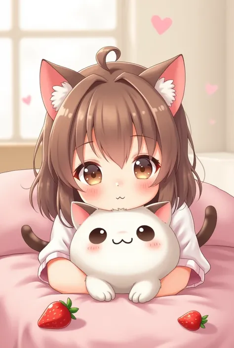 a girl with brown soft hair and a cat ears, cutecore, white ( cat ) girl, neko, nekomimi, anime visual of a cute cat,, cat furry, very beautiful anime cat girl, strawberry, anthropomorphic female cat, official art, white cat girl, very beautiful cute catgi...