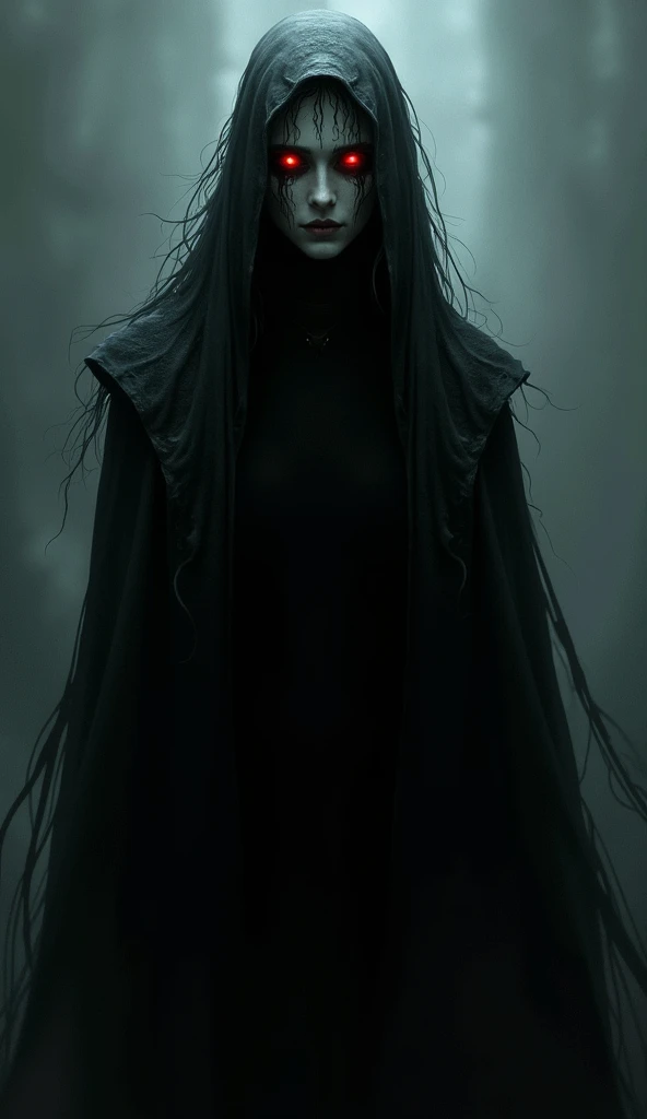 A scary woman with glowing red eyes, dark and black, 