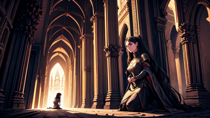 Tragic, burnt-out, medieval, magnificent, beautiful girl kneeling in the distance.