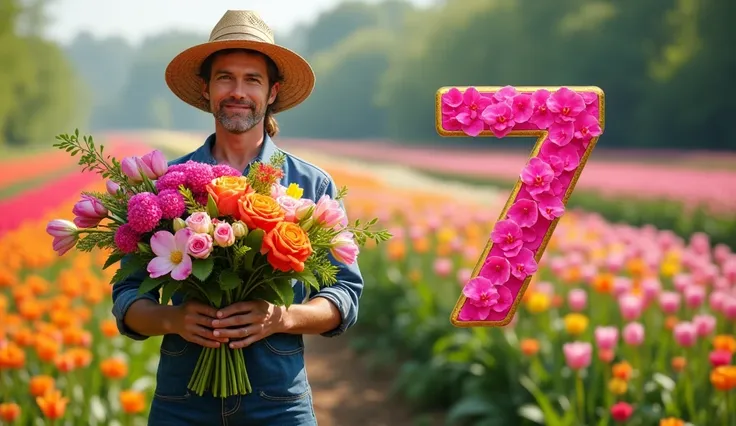 Visual Theme: A vibrant garden featuring rows of colorful flowers like roses, tulips, and orchids. Include a farmer holding a bouquet of freshly harvested blooms, with a blurred floral field in the background.
Text Overlay: Bold, pink text with a gold outl...