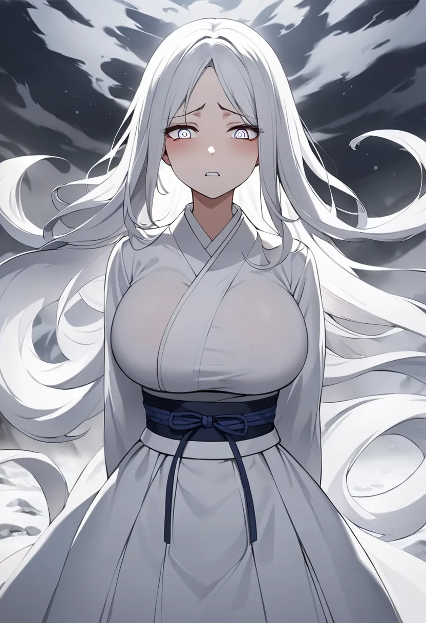 a ghostly korean woman in a white hanbok, with long white hair flowing wildly and pale, white haunting eyes. she stands on a sno...