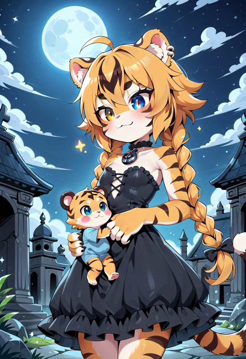 masterpiece, high resolution, best quality, (furry tiger girl, baby body, baby height, flat chest, animal face, animal skin, animal fur, tiger ears, tiger tail), heterochromia, multicolored hair, twin braids, piercing, makeup, tattoo, goth lolita dress, fear, walks through an ancient cemetery, night, falling stars, moon